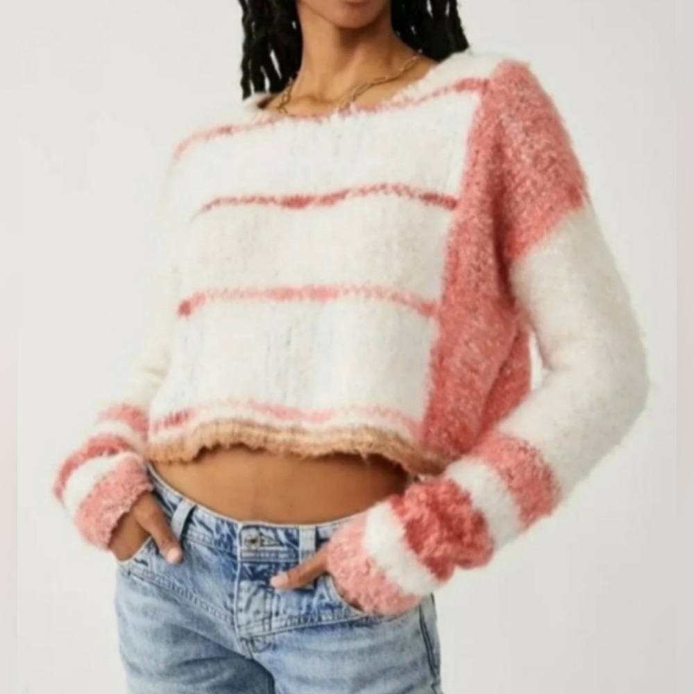 Free People Emerson Champagne Dream Combo Pullover Cropped Sweater, Size Medium